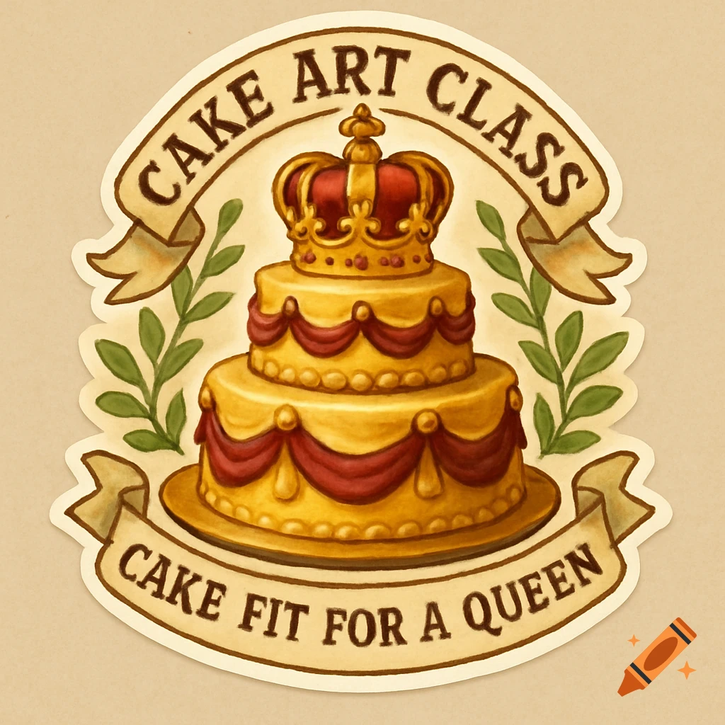 A sticker design of a golden cake with red draping and a crown, framed by leaves and banners with text.