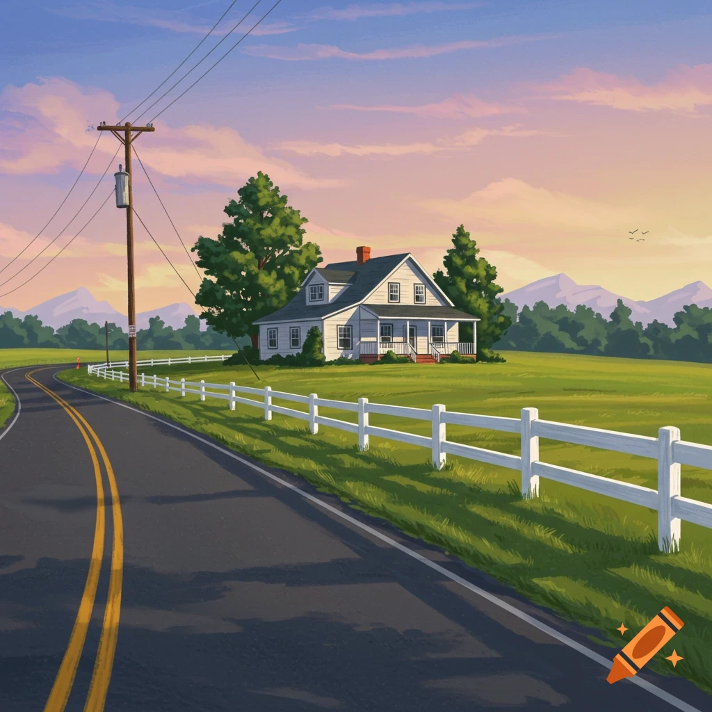 A white house with a picket fence on a rural road during sunset.
