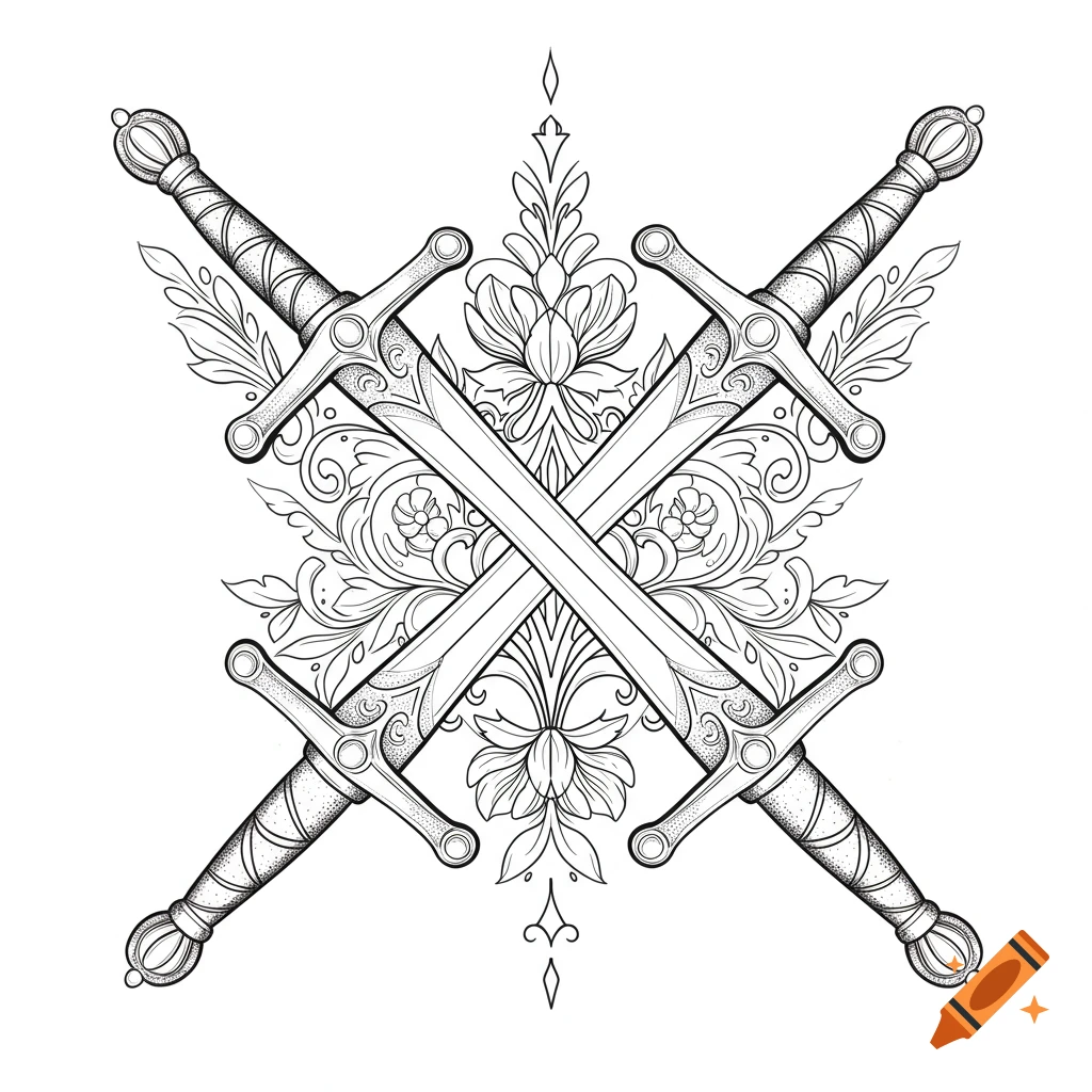Black and white linework tattoo design of two crossed swords with an abstract floral background.