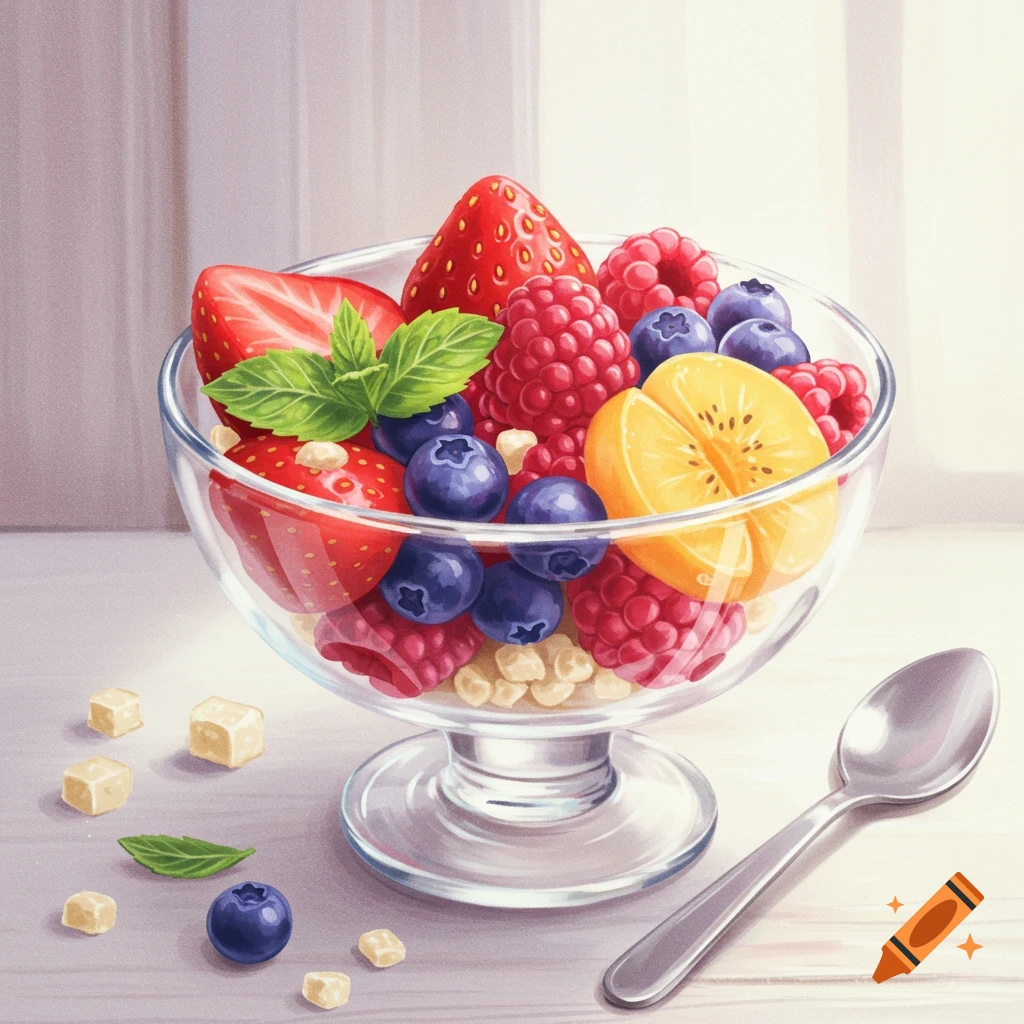 A bowl of strawberries, raspberries, blueberries, and kiwi with a spoon.