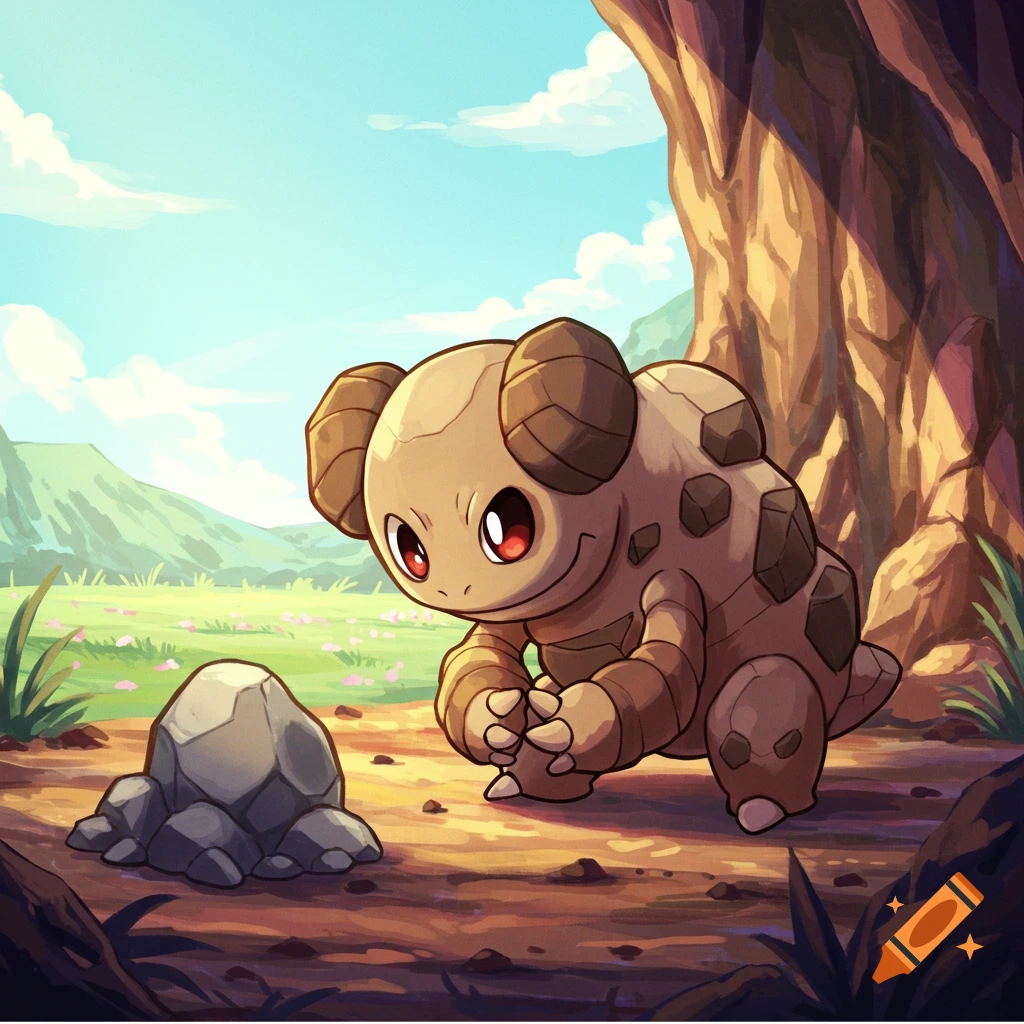 A cartoon-like rock creature resembling a Pokemon kneels next to a rock in a landscape.