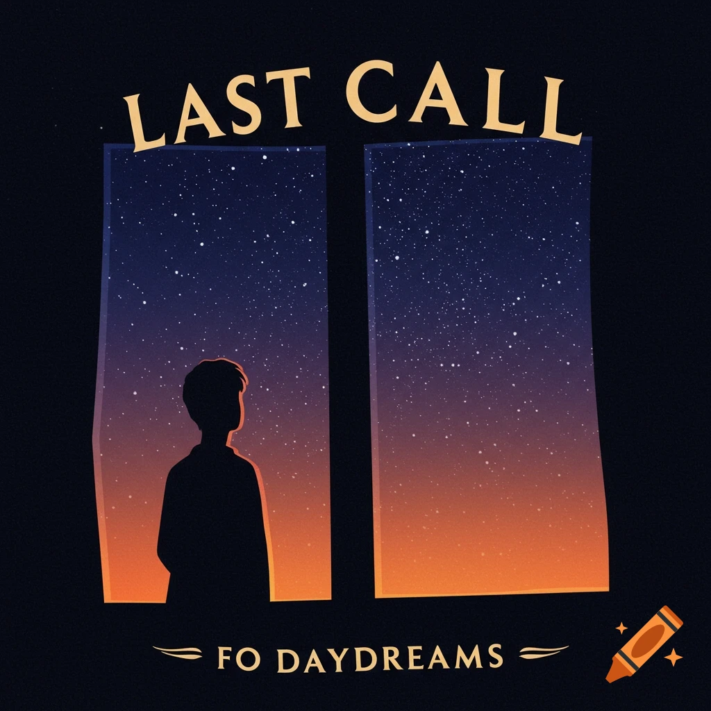 Silhouette of a person looking out a window at a starry night sky with gradient color, with text "LAST CALL" above and "FO DAYDREAMS" below.