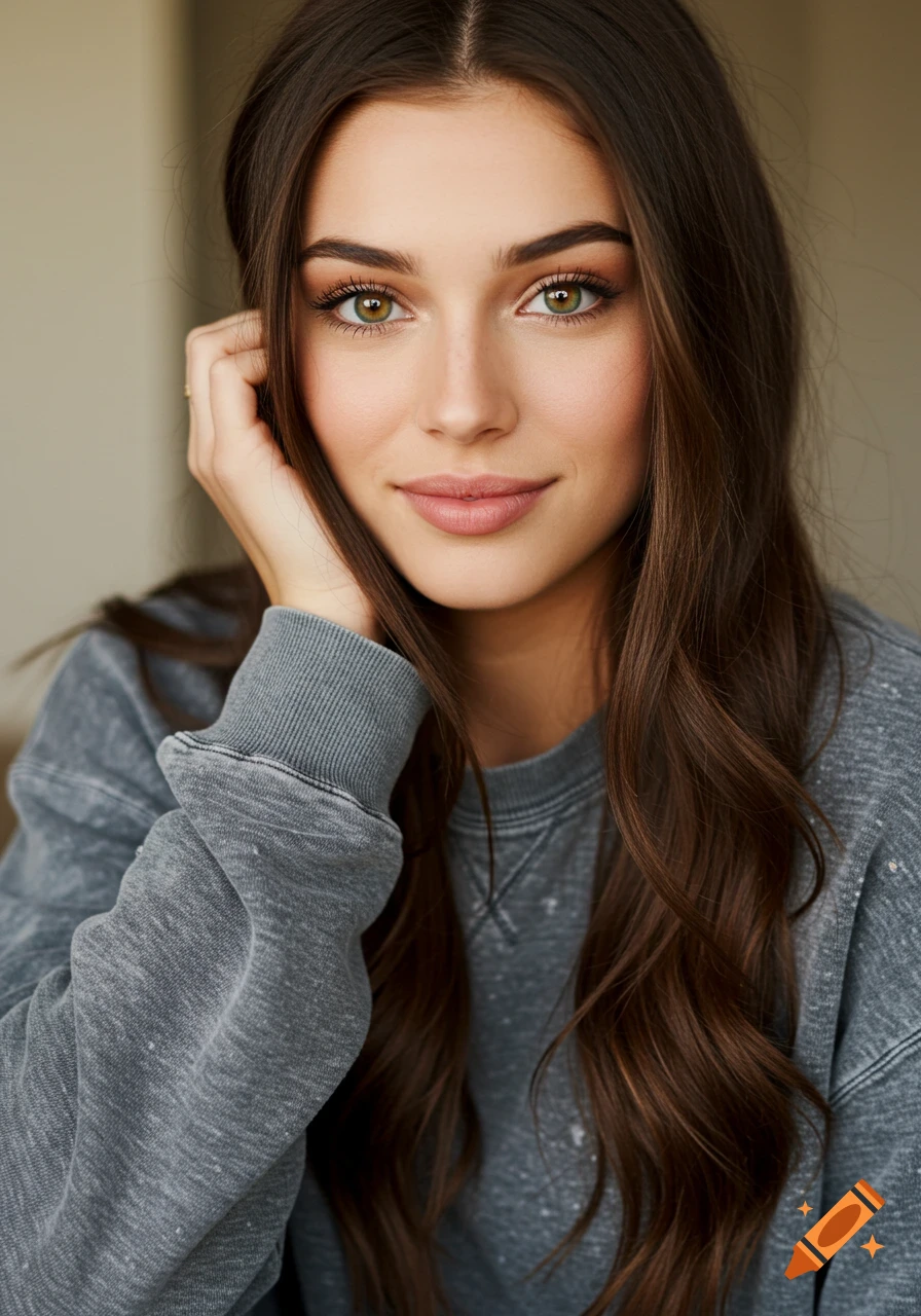 Close-up portrait of a woman with brown hair and hazel eyes wearing a gray sweatshirt, resting her head on her hand.