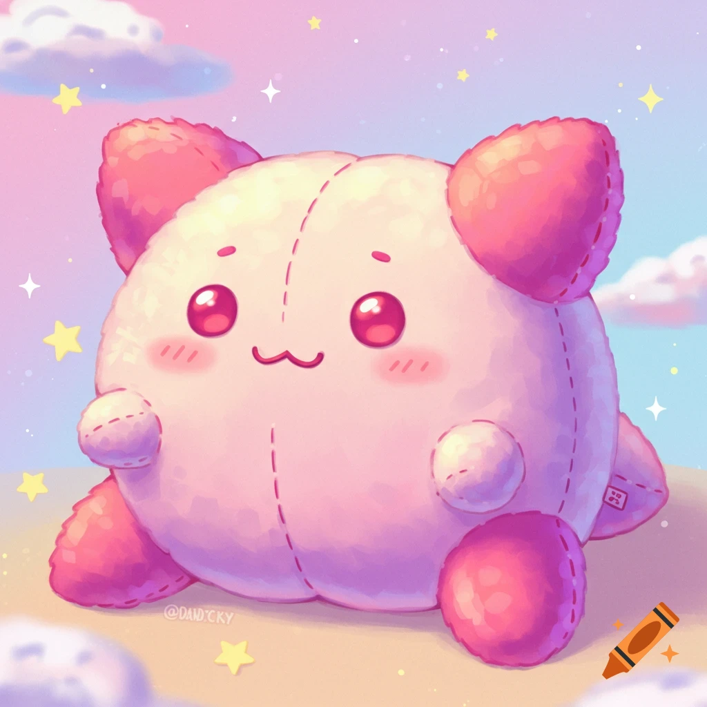 A round pink plush toy character under a pastel sky.