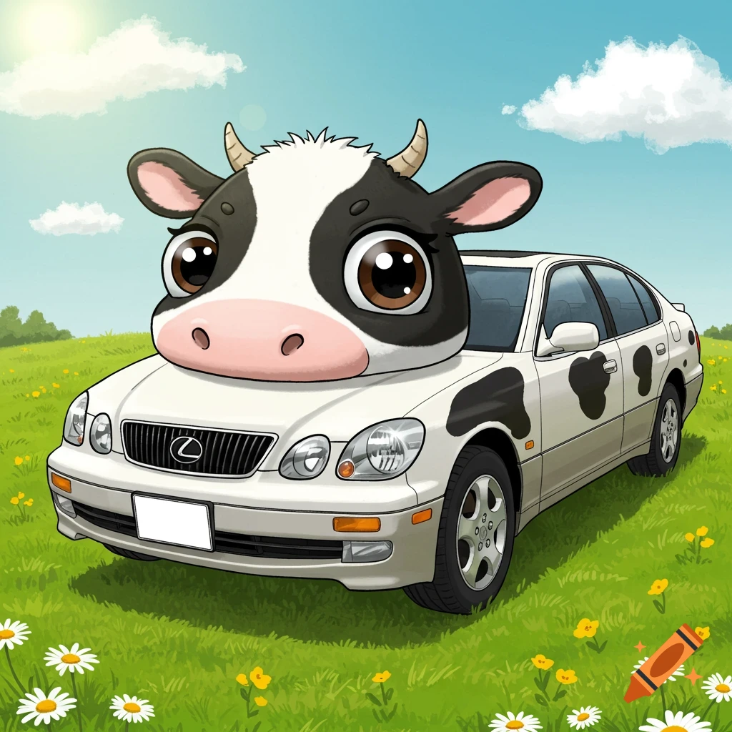 Cartoon car with a cow head driving through a sunny, grassy field with flowers.