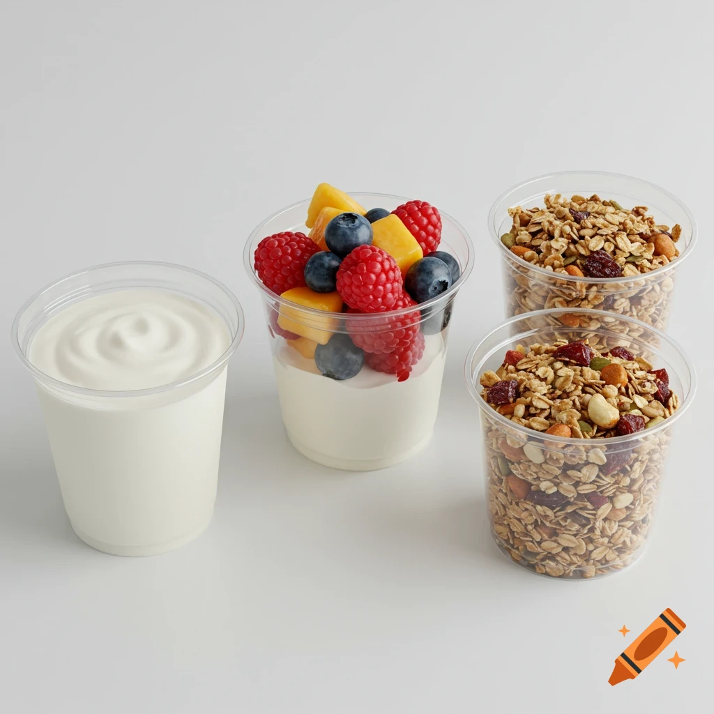 Four clear cups on white background: yogurt, fruit and yogurt, granola.
