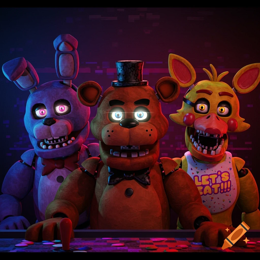 Three animatronic characters from FNaF, Freddy, Bonnie, and Chica, stand in the dark. Chica wears a bib that says "LET'S EAT!!!"