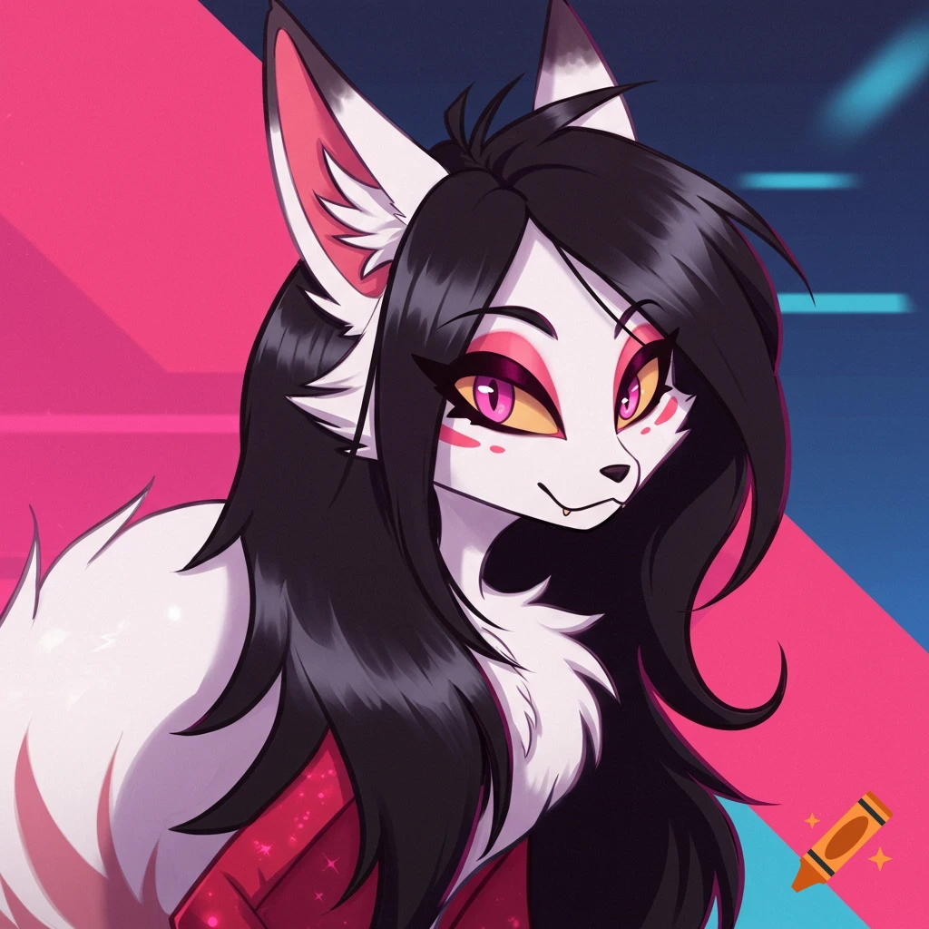 Close-up of a stylized white Kitsune character with black hair and purple eyes
