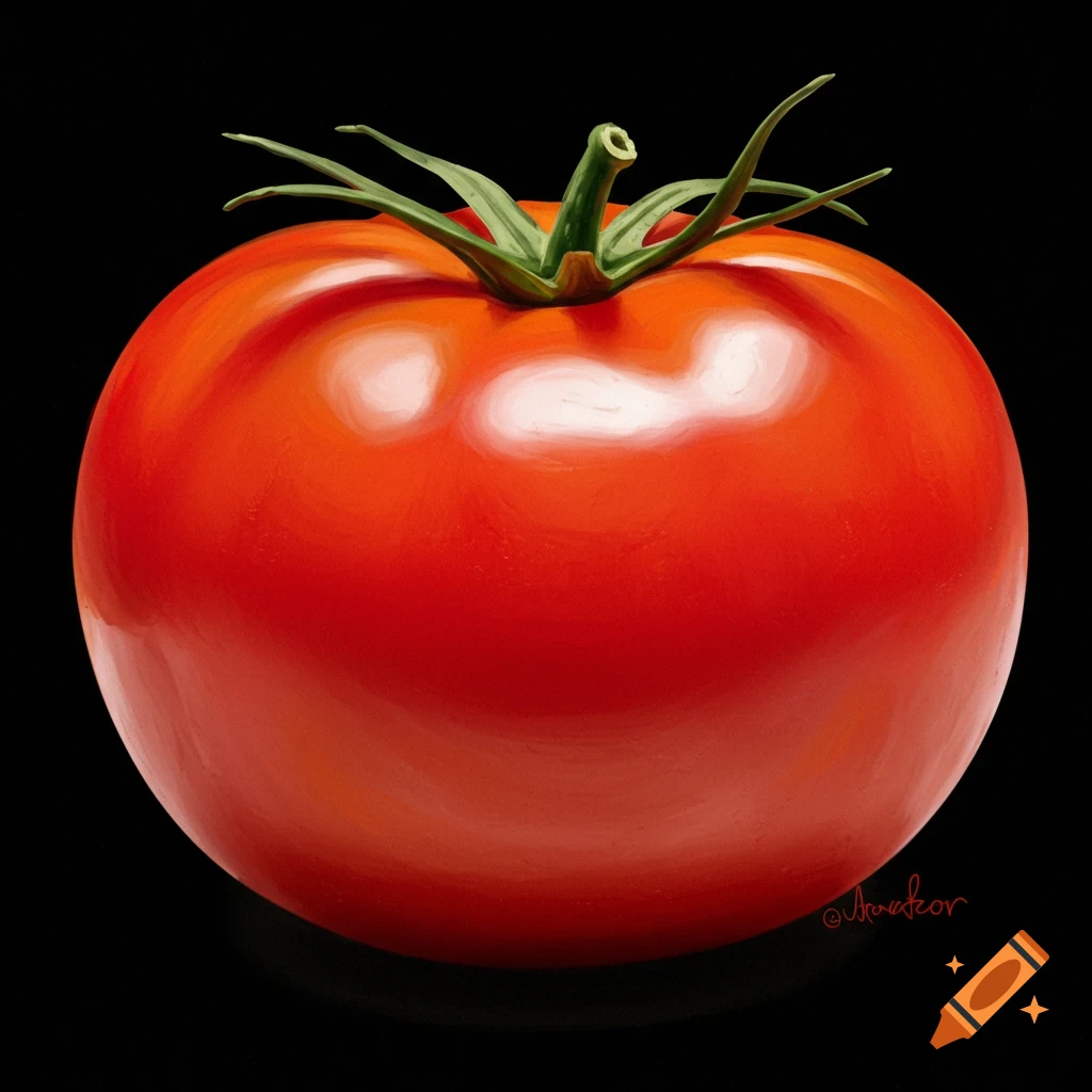 A vibrant red tomato with green leaves and stem is shown in a close-up against a black background.