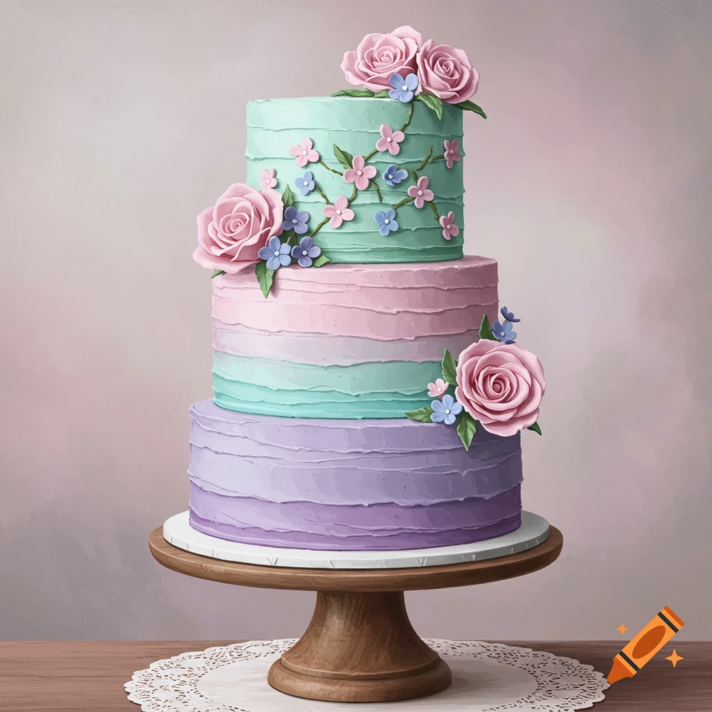 A three-tiered cake with pastel teal, pink, and purple frosting, decorated with pink roses and blue flowers.