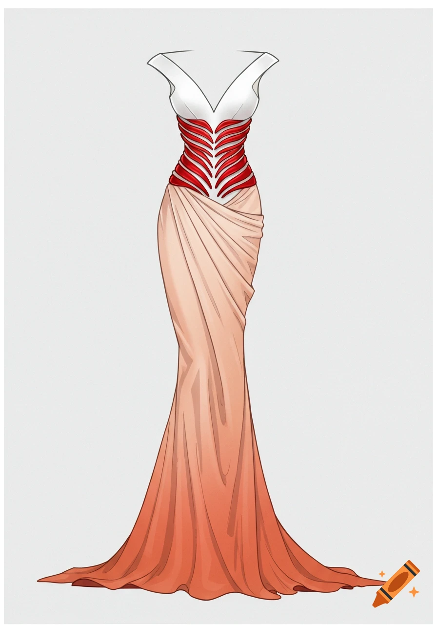A striking, elegant long dress design with a white and red ribbed bodice and a flowing peachy-toned draped skirt.