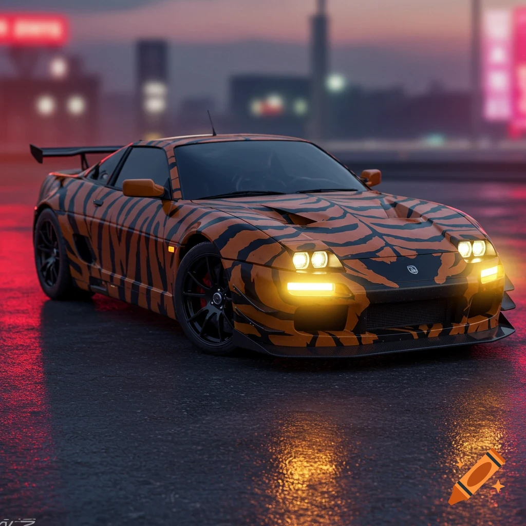 Sports car with tiger stripes on a wet street at dusk.