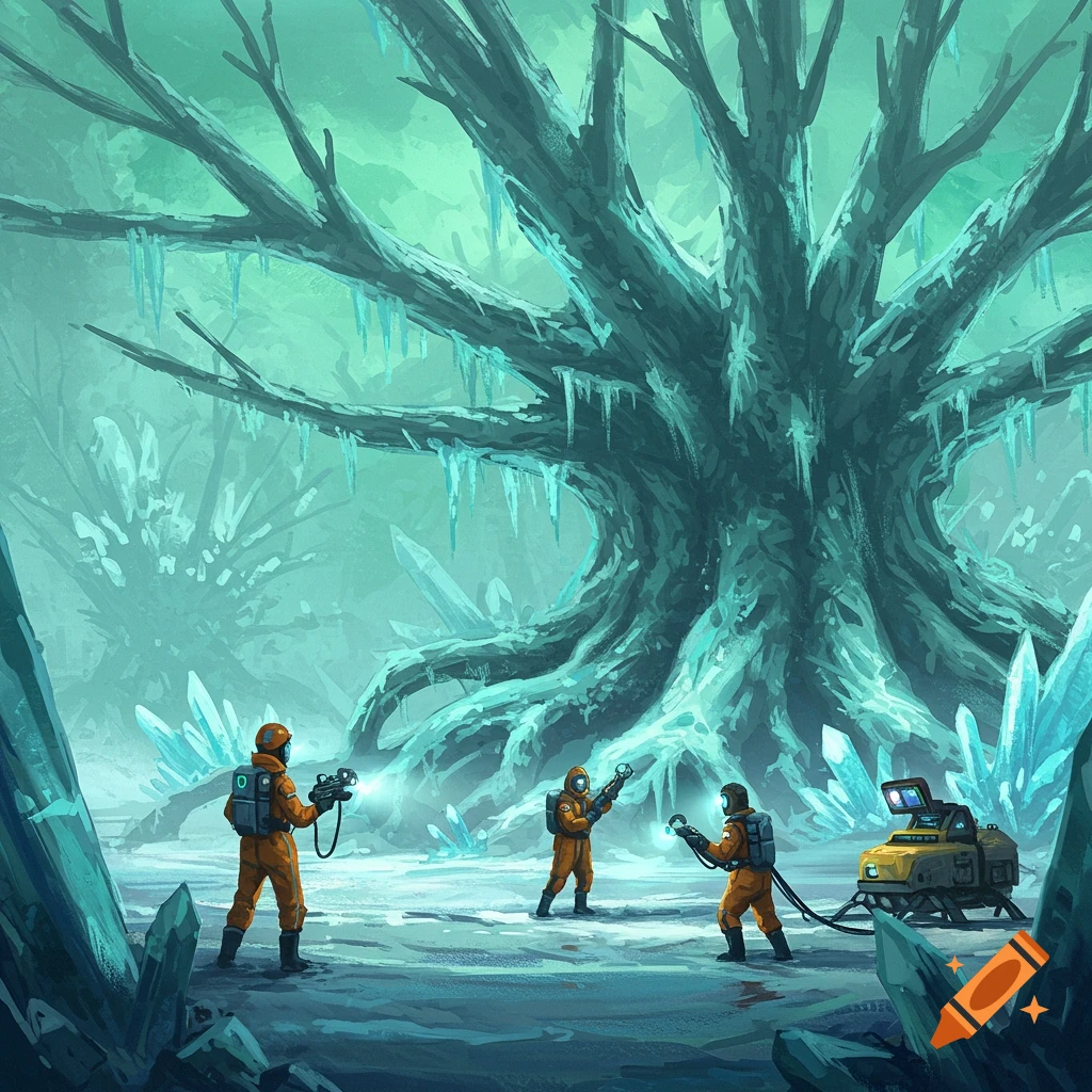 Research team in orange suits exploring a frozen forest with a giant icy tree and blue crystals.