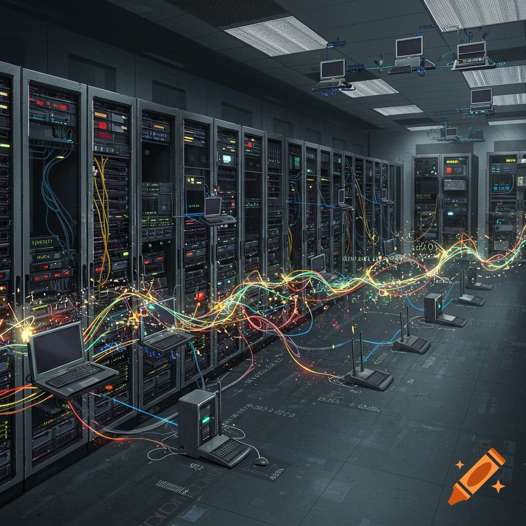 A server room with rows of server racks, computers, and glowing, colorful data streams flowing between them.