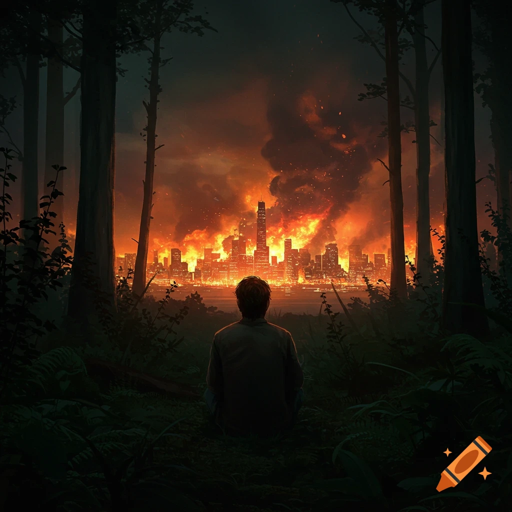 Man sits in dark woods, watching a burning city in the distance.