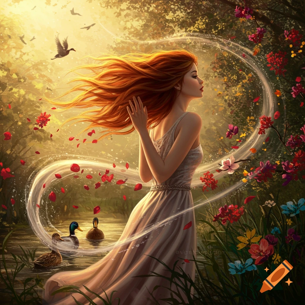 A woman with long red hair and flowing dress stands in a forest by a pond with ducks, surrounded by swirling flowers and light.