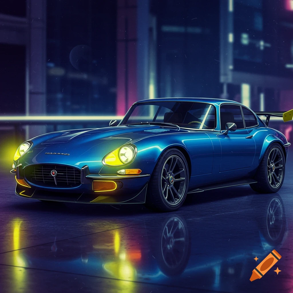 Blue Jaguar E-Type car in a neon-lit city at night.