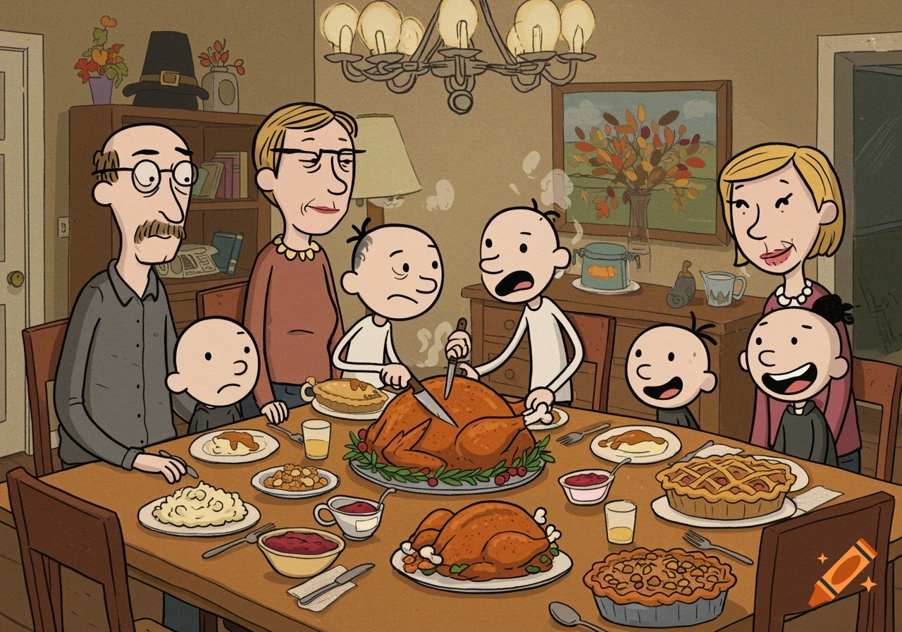 A cartoon family in the style of Diary of a Wimpy Kid sits around a table for Thanksgiving dinner.