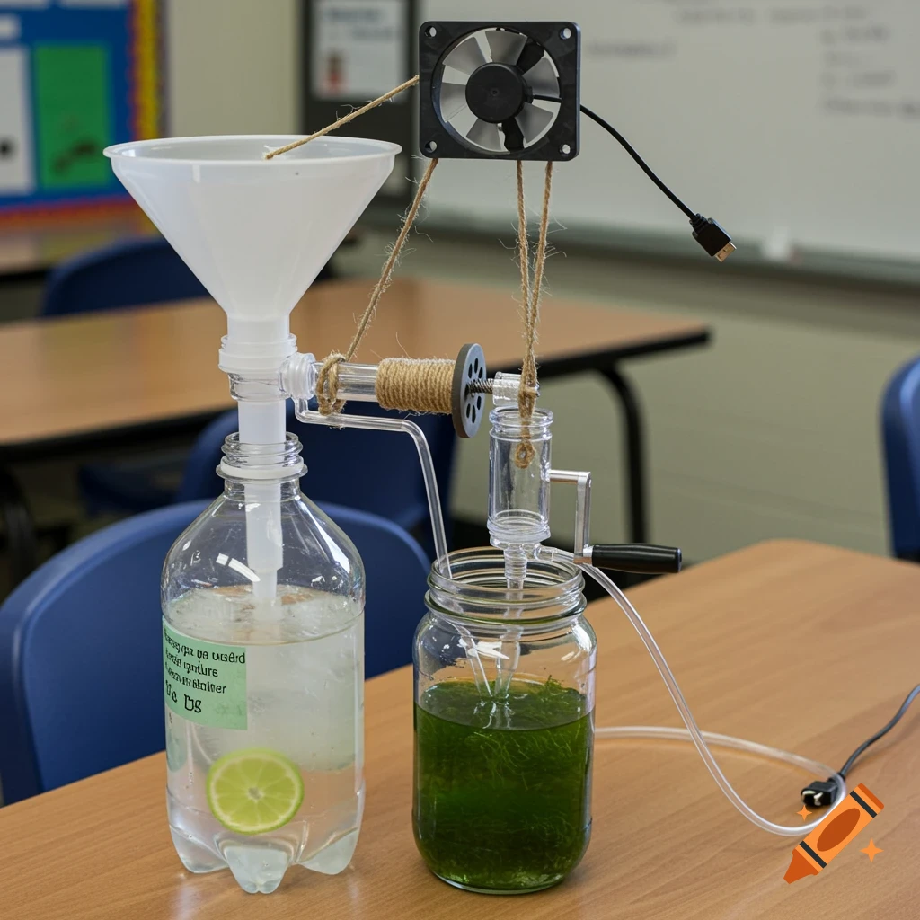 A realistic photo of a science project with a funnel, fan, bottles, and jars connected by tubes and string on a classroom table.