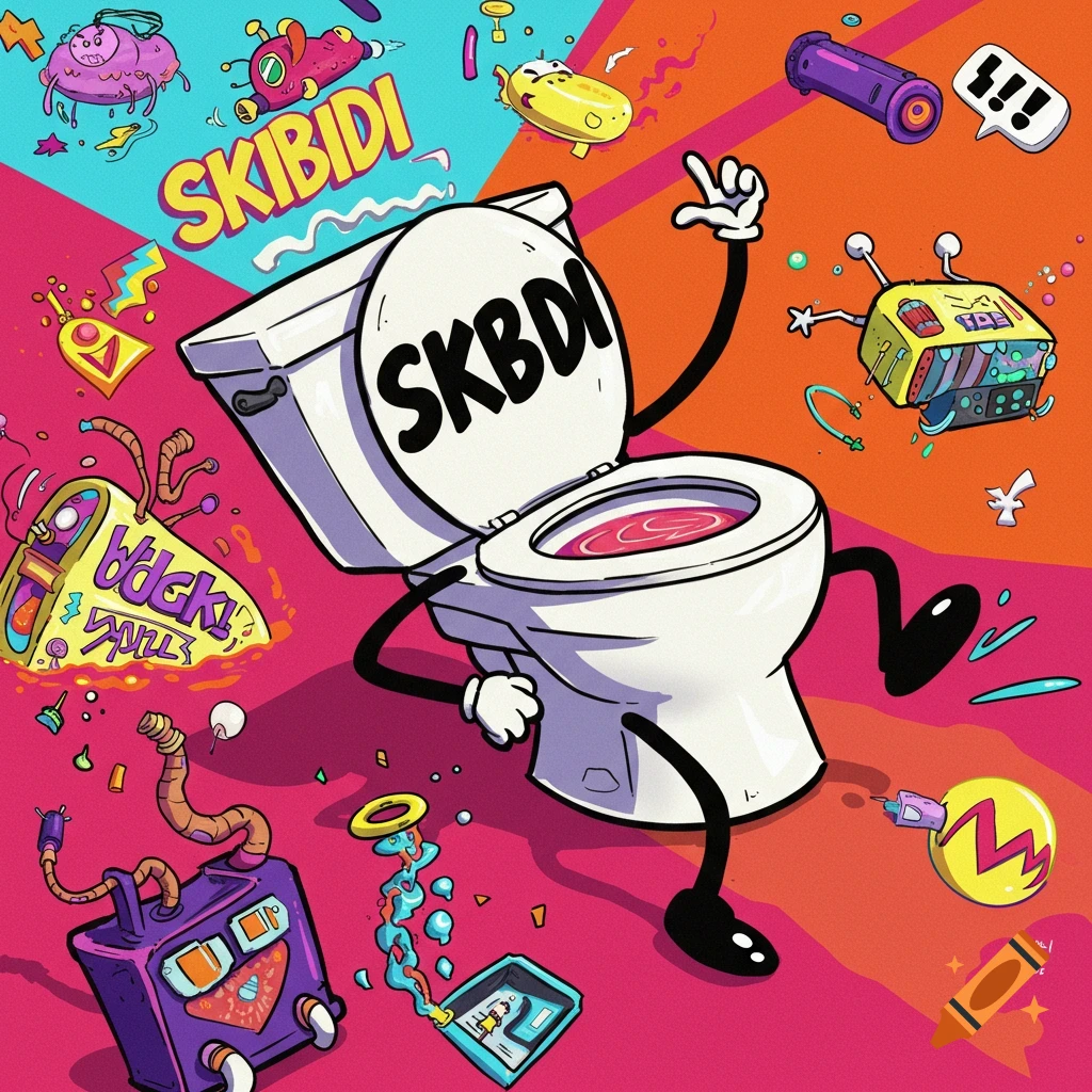 Cartoon Skibidi Toilet character with limbs and face pointing upwards, surrounded by surreal objects in a colorful scene.