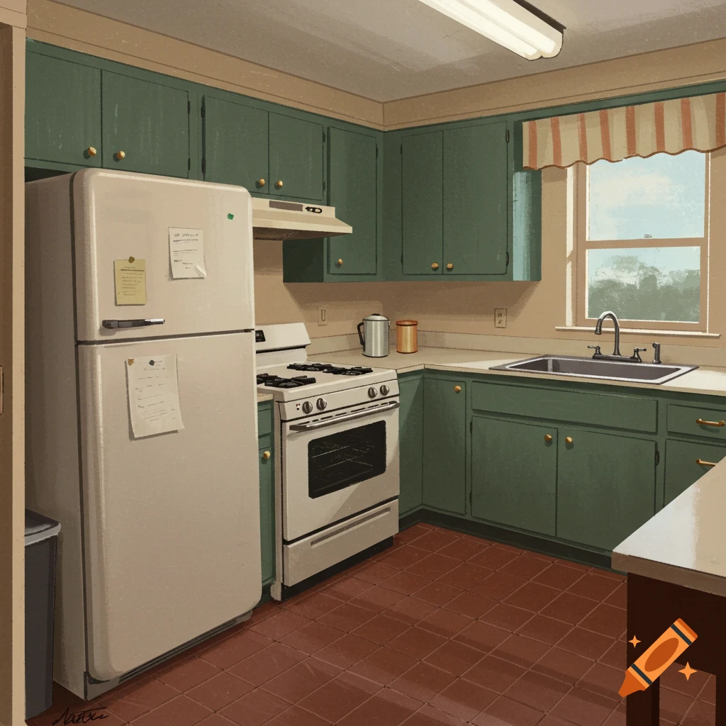 A vintage 1950s kitchen with green cabinets, white refrigerator and stove, sink, and tiled floor.
