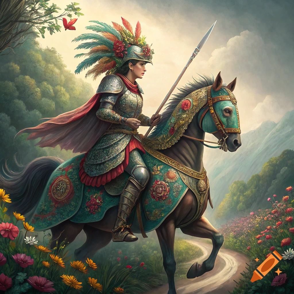 Woman in ornate armor and feathered helmet rides decorated horse on a path through a flowery fantasy forest.