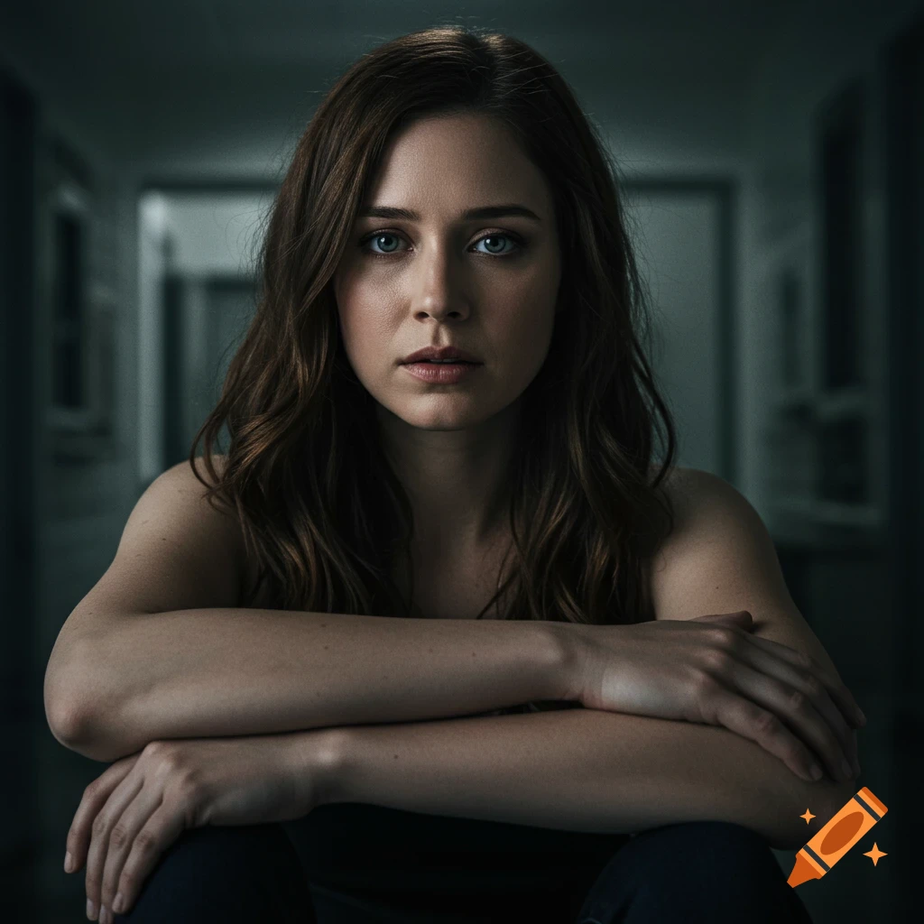 Portrait of a woman with blue eyes and brown hair, arms crossed, in a dark, dramatic setting.