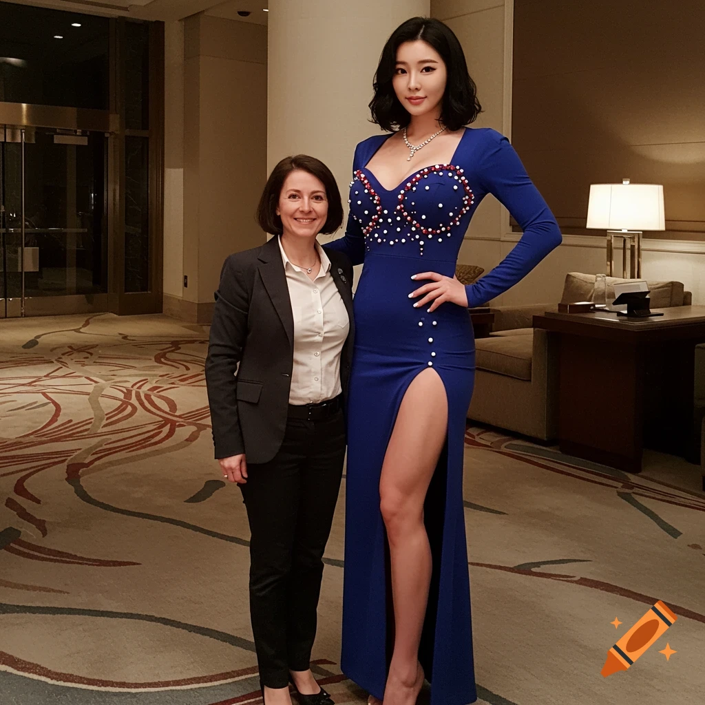 Two women stand in a hotel lobby, one tall woman in a blue dress with a high slit, and a shorter woman in a suit.