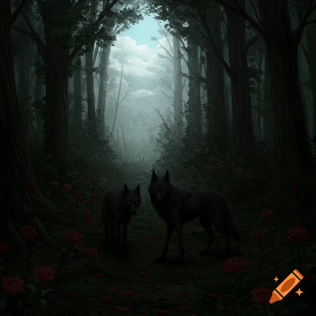 Two black wolves stand on a path in a dark, foggy forest filled with red roses.