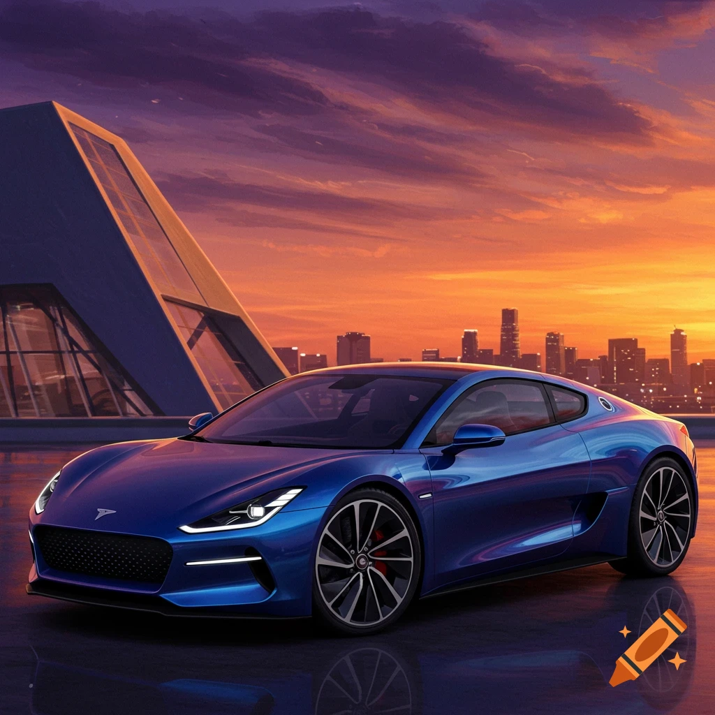 Blue sports car on a rooftop with a modern building and city skyline at sunset.