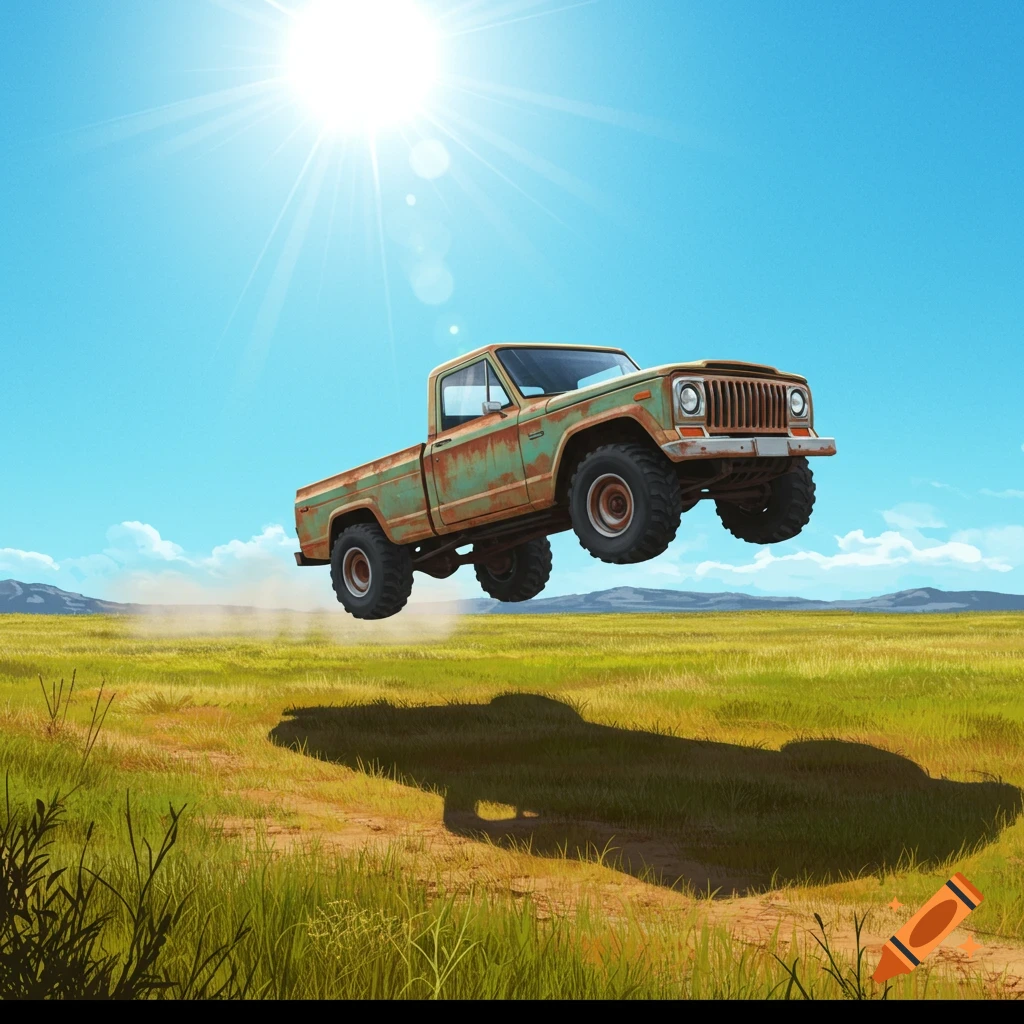 A green and rusty pickup truck flies through the air over a grassy field under a bright sun.