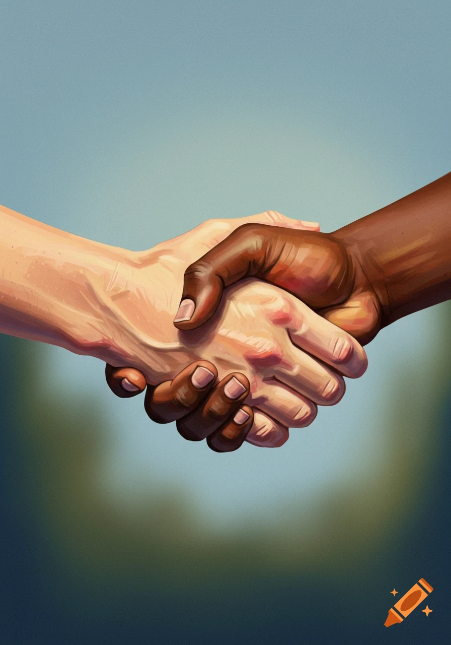 Two hands, one light-skinned and one dark-skinned, shaking.