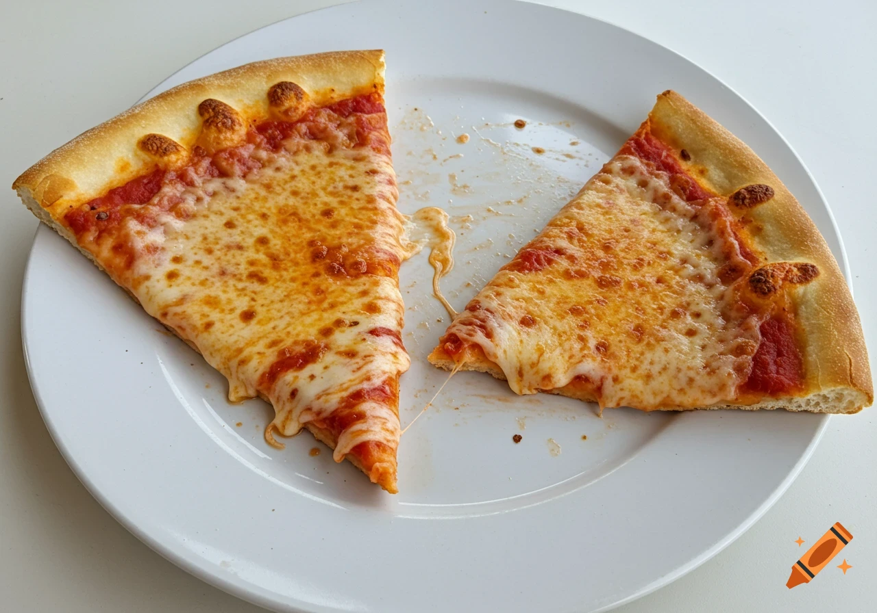 Two slices of cheese pizza on a white plate