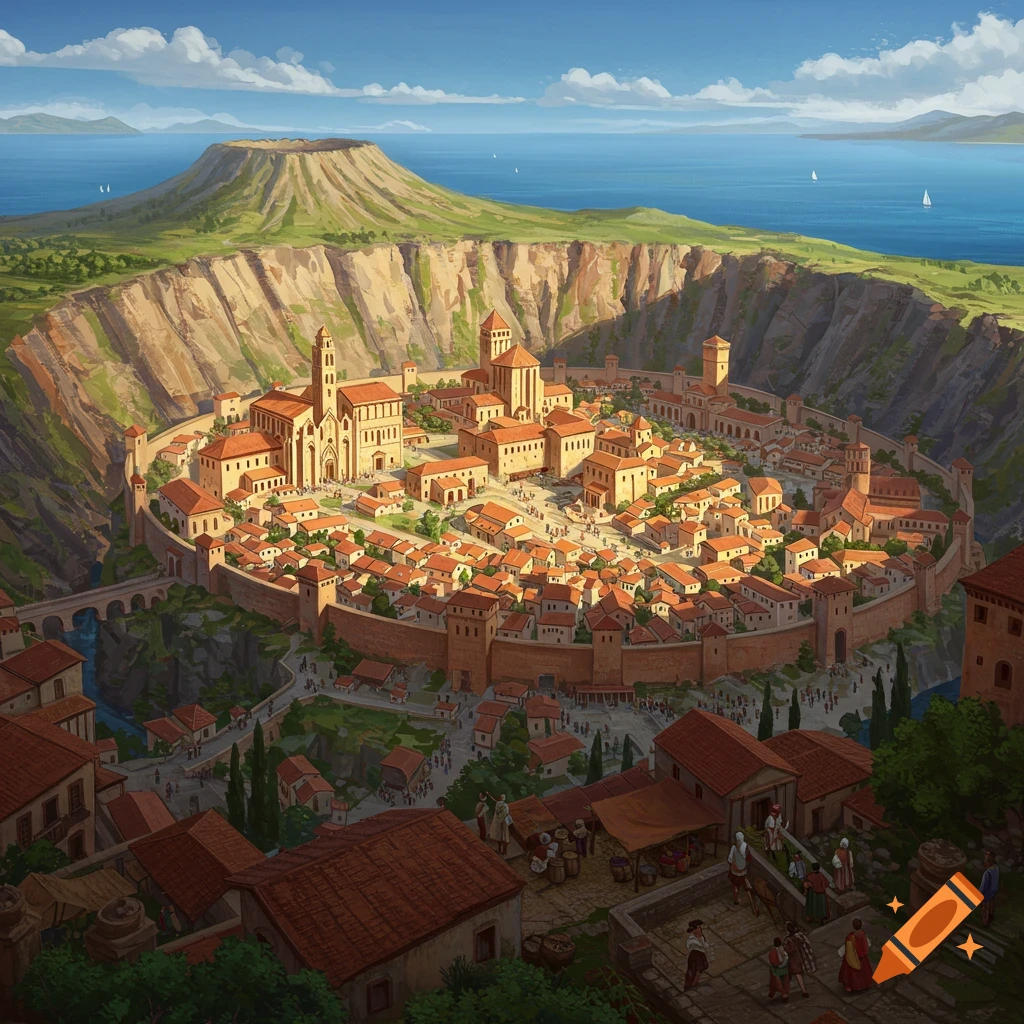 A city built inside a volcanic caldera near the sea.