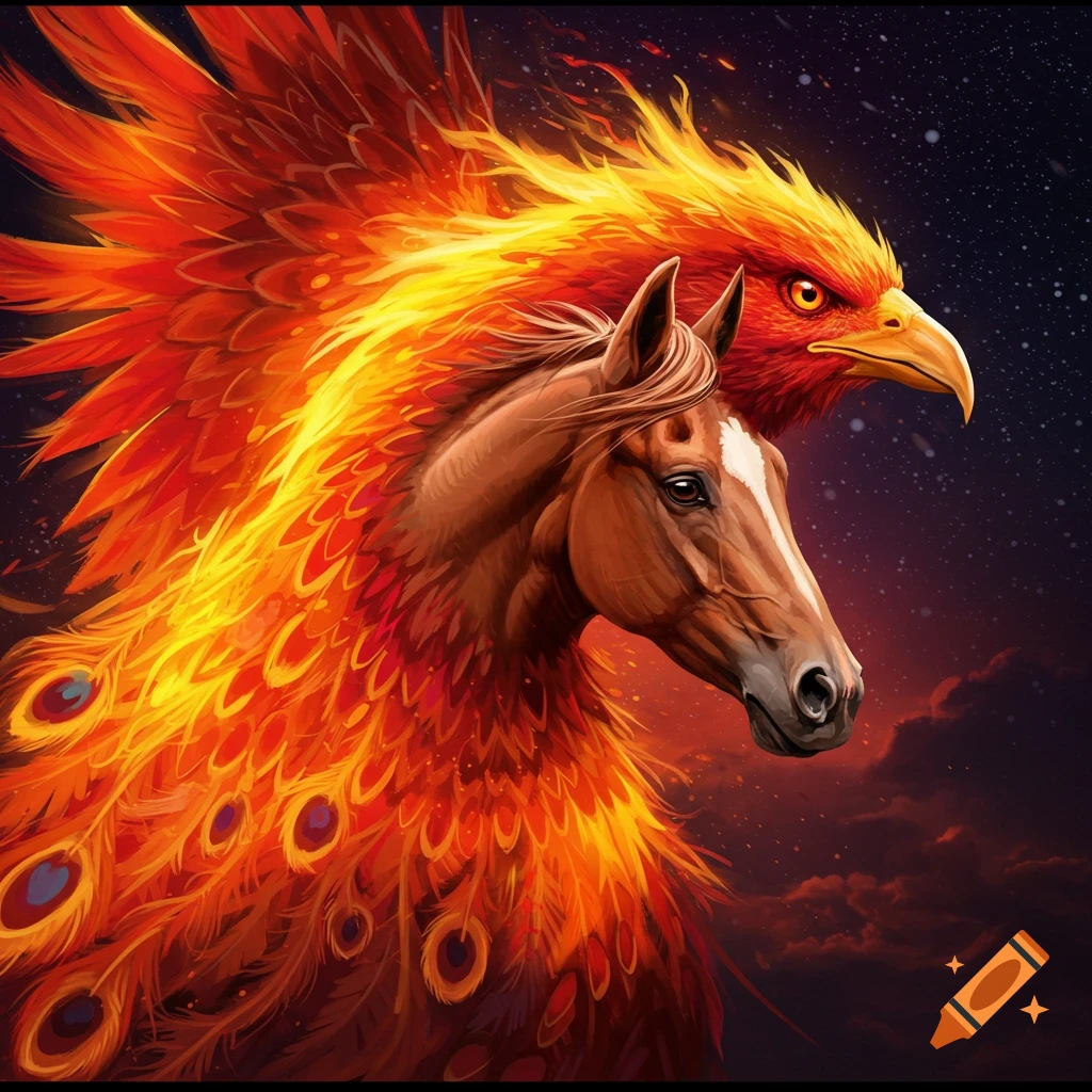 A horse head merging with a fiery phoenix against a starry sky.