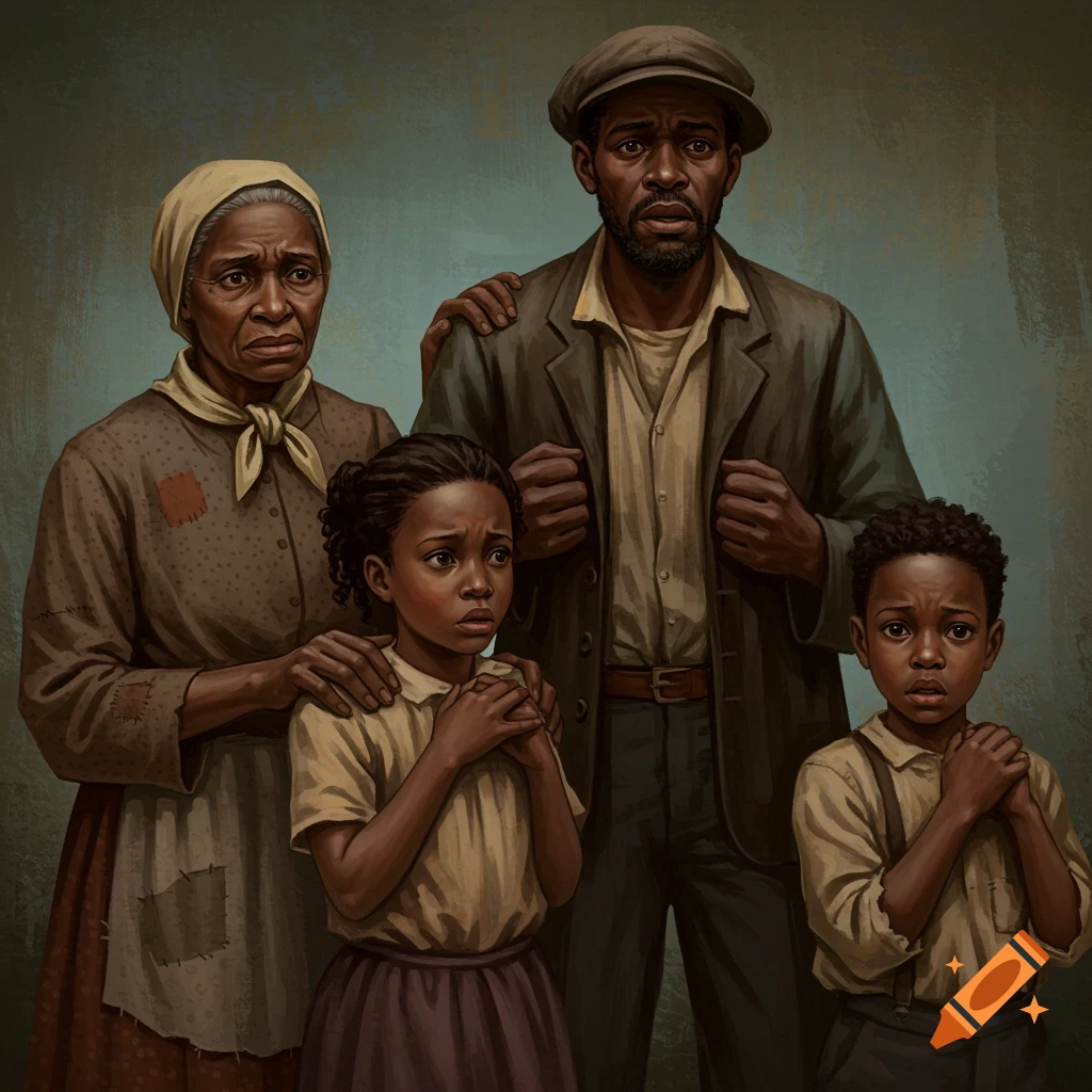 An African American family in vintage clothing looking worried.