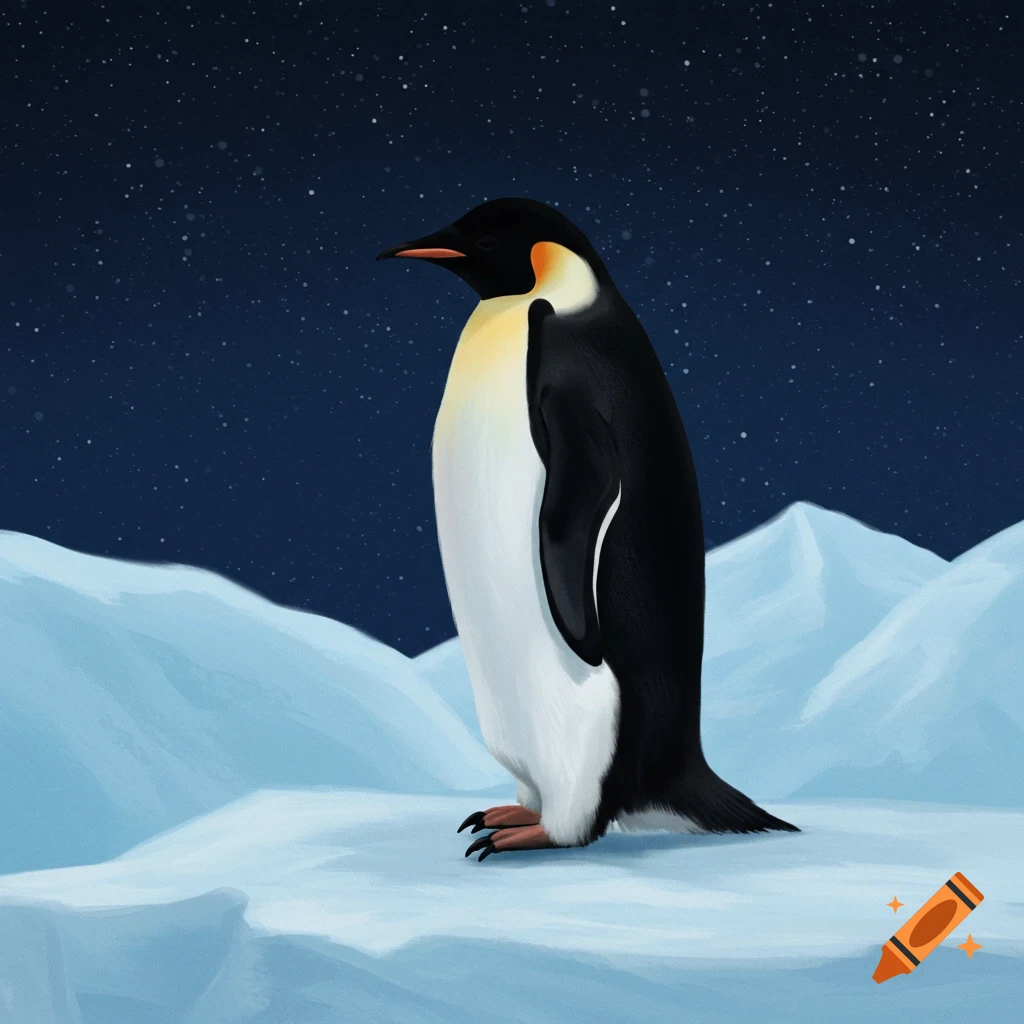An emperor penguin stands on ice under a starry night sky.