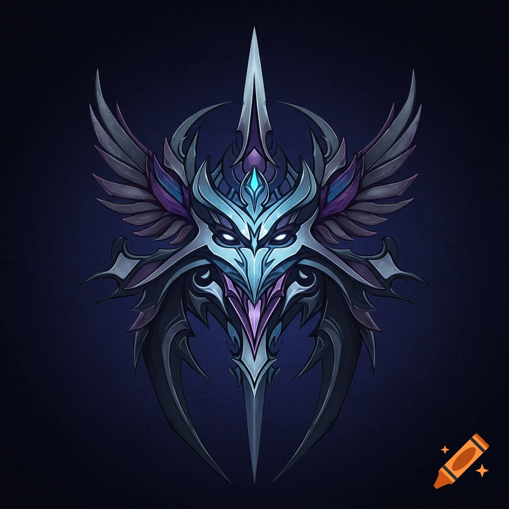 Stylized fantasy sigil with wings and glowing eyes in blue, silver, black, grey, and purple.