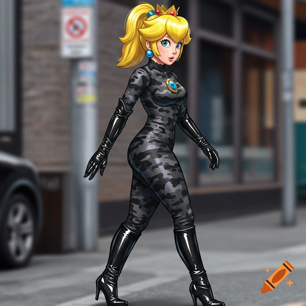Princess Peach in a black camo suit and shiny boots walking on a street