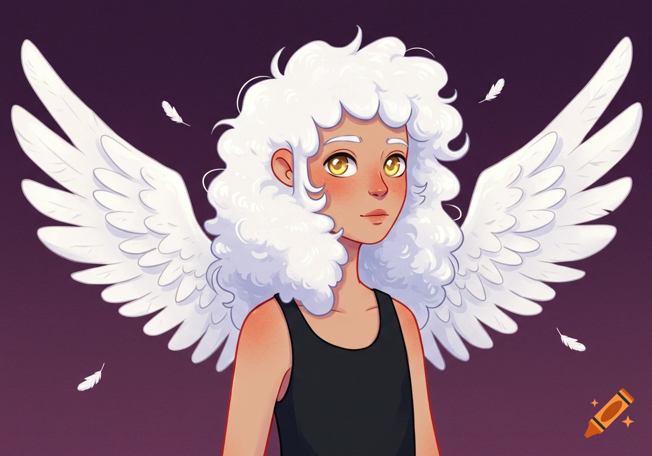 Cartoon art of an androgynous character with white fluffy hair, golden eyes, and white wings, wearing a black tank top.