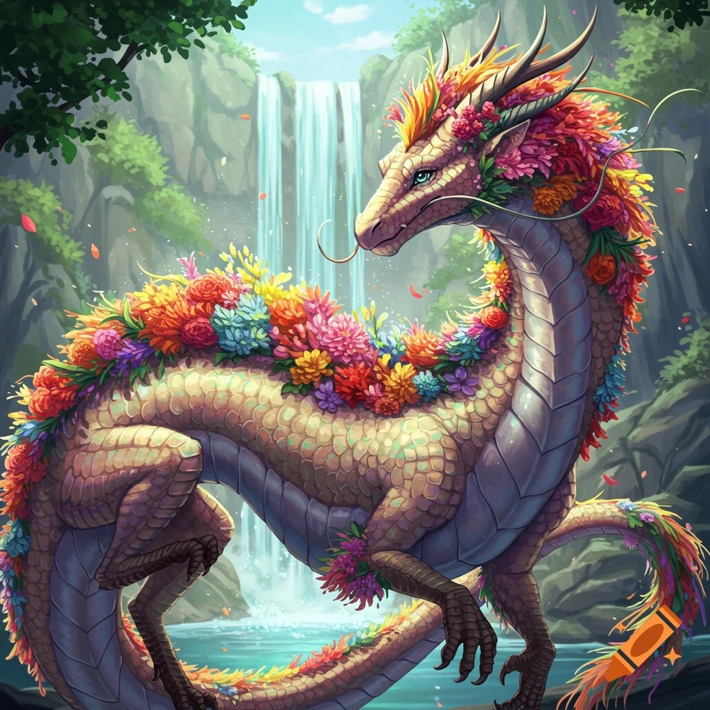 A fantasy dragon covered in colorful flowers stands near a waterfall in a lush jungle