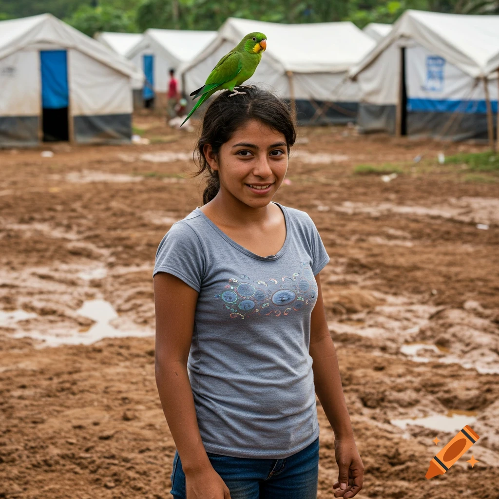 Smiling young girl with a green bird on her head stands in mud in a refugee camp
