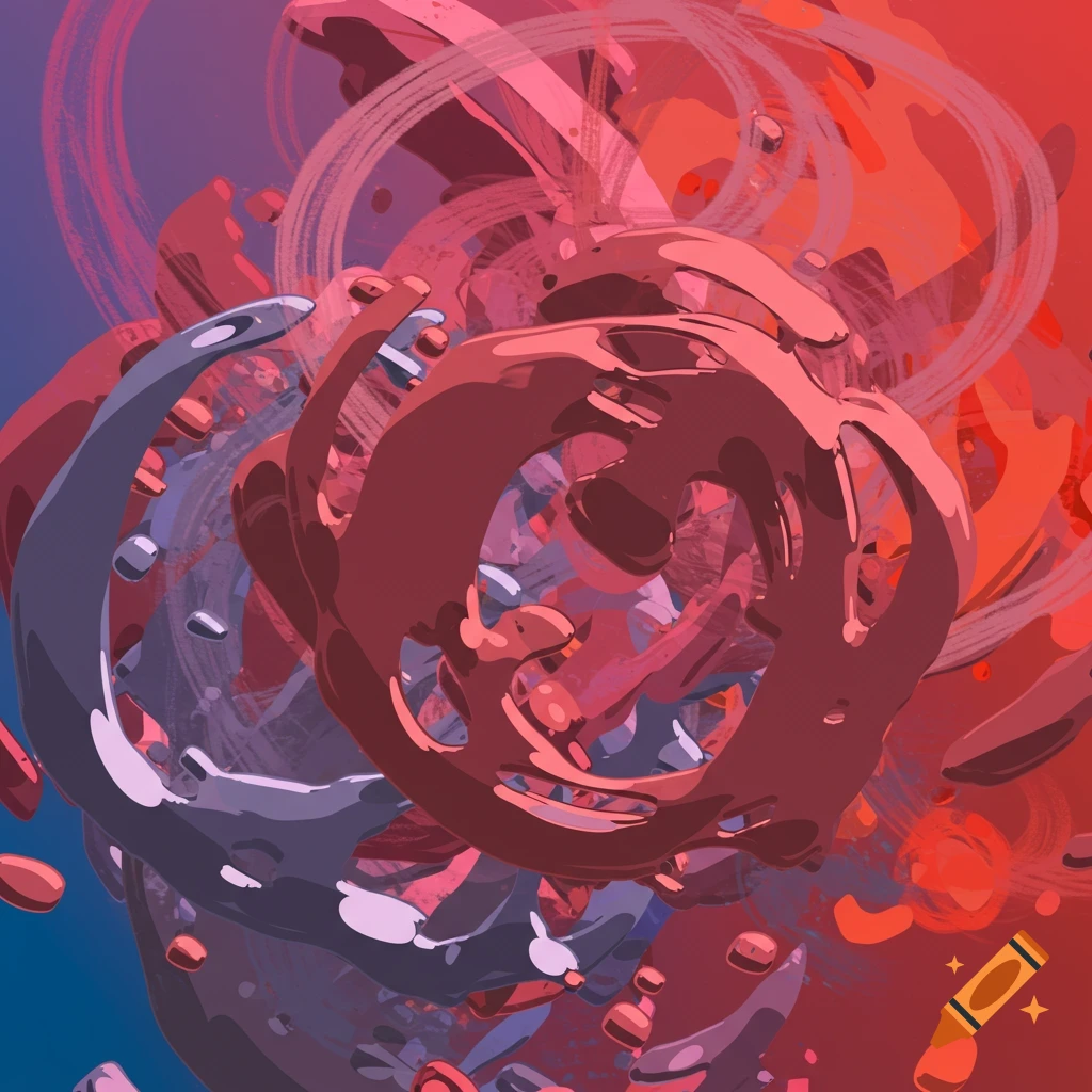 Abstract image with flowing red and purple shapes.