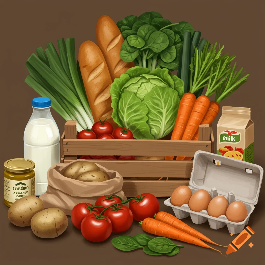 Groceries including vegetables, bread, milk, and eggs.