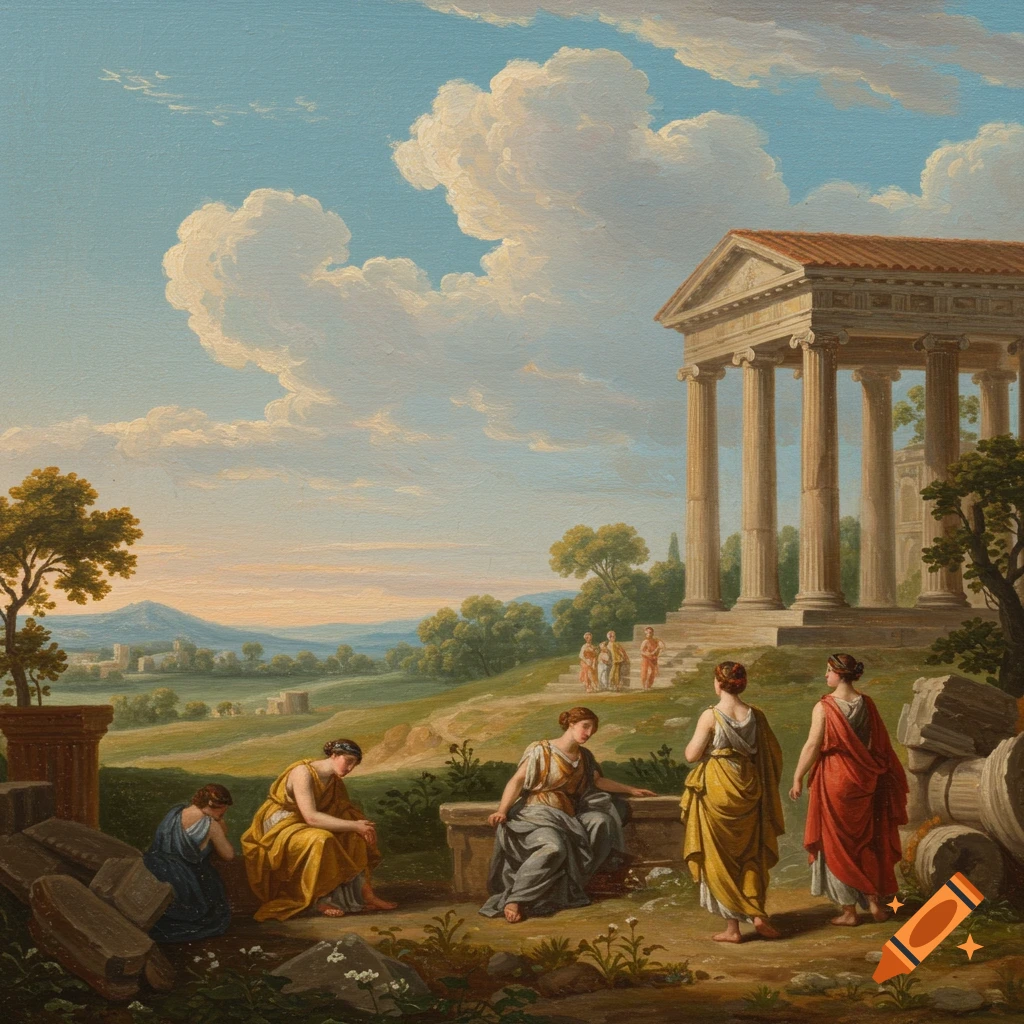Classical painting of robed figures in a landscape with a temple ruin.