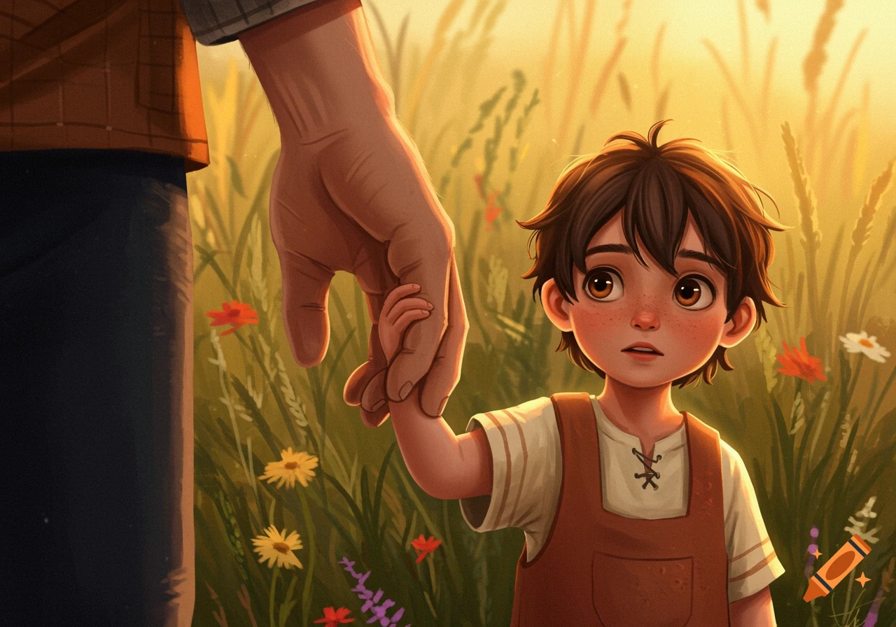A young boy holding his father's hand in a field of tall grass bathed in warm golden light.