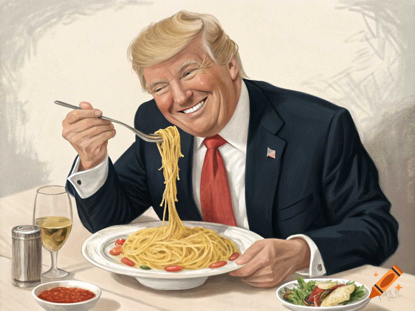 Caricature of Donald Trump smiling while twirling spaghetti on a fork at a table.