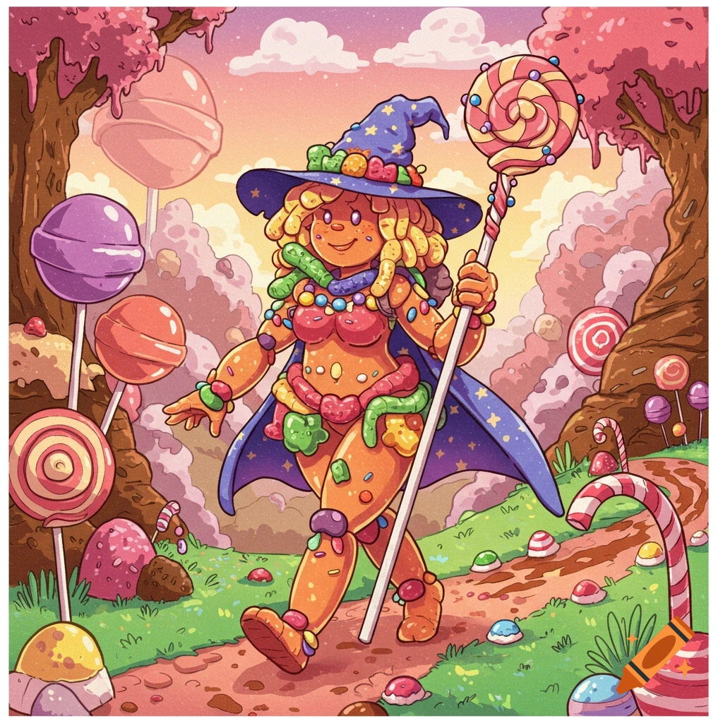 Illustration of a candy wizard holding a lollipop staff, walking through a candy forest.