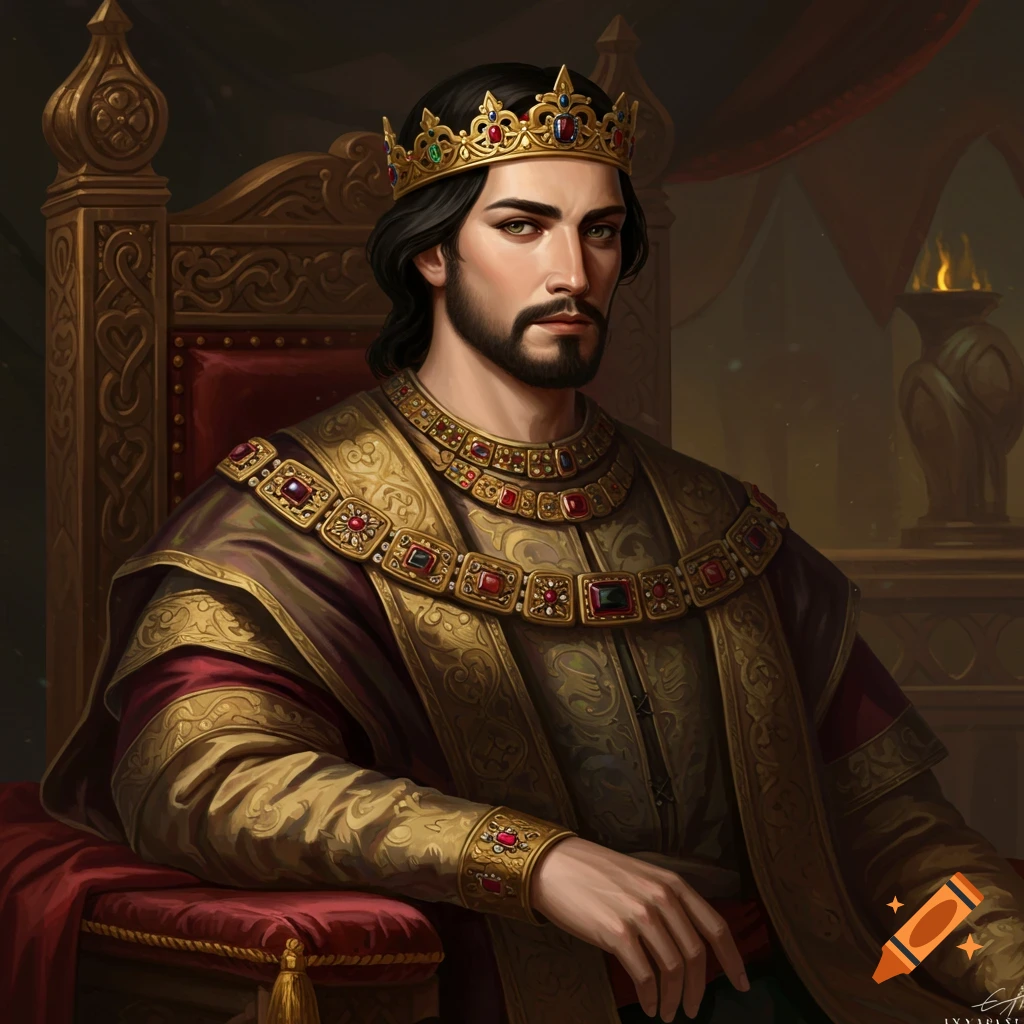 A prince in a gold crown and ornate robes sitting on a throne.