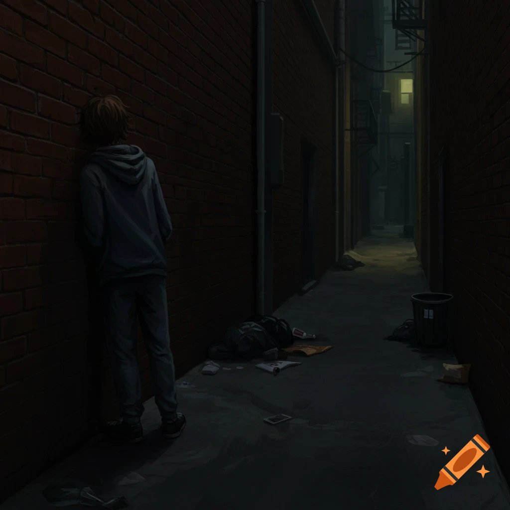 A young man standing with his back to the viewer, urinating in a dark alley corner.